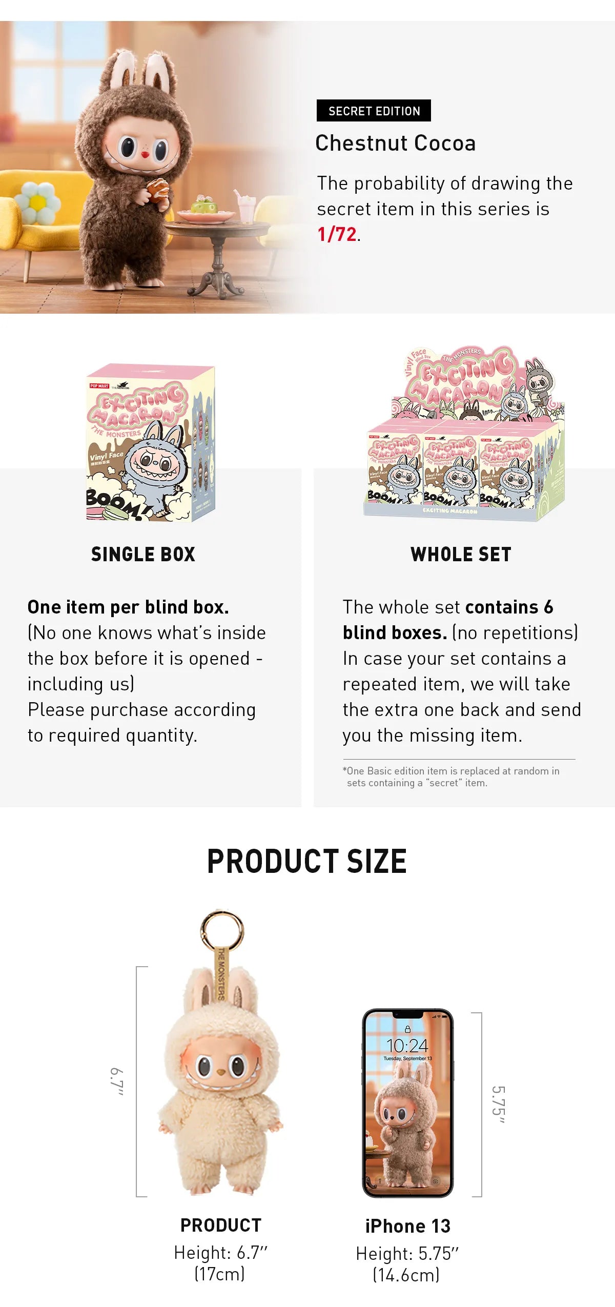 Coffrets scellés de figurines en vinyle Pop
Mart Labubu The Monsters EXCITING MACARON VINYL (6 boîtes surprise)
